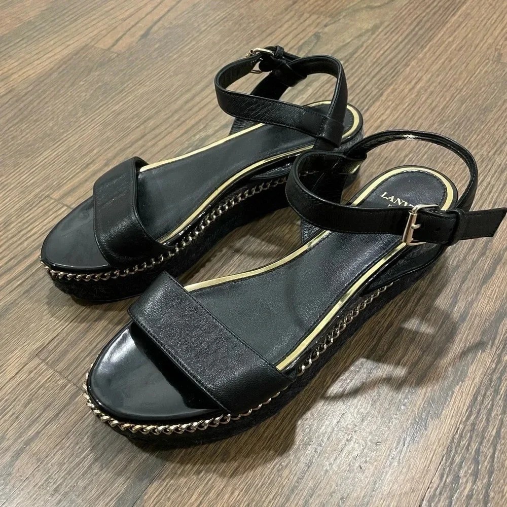 Lanvin Paris Black Leather Espadrille Flatform Sandal size EU 36 with gold chain